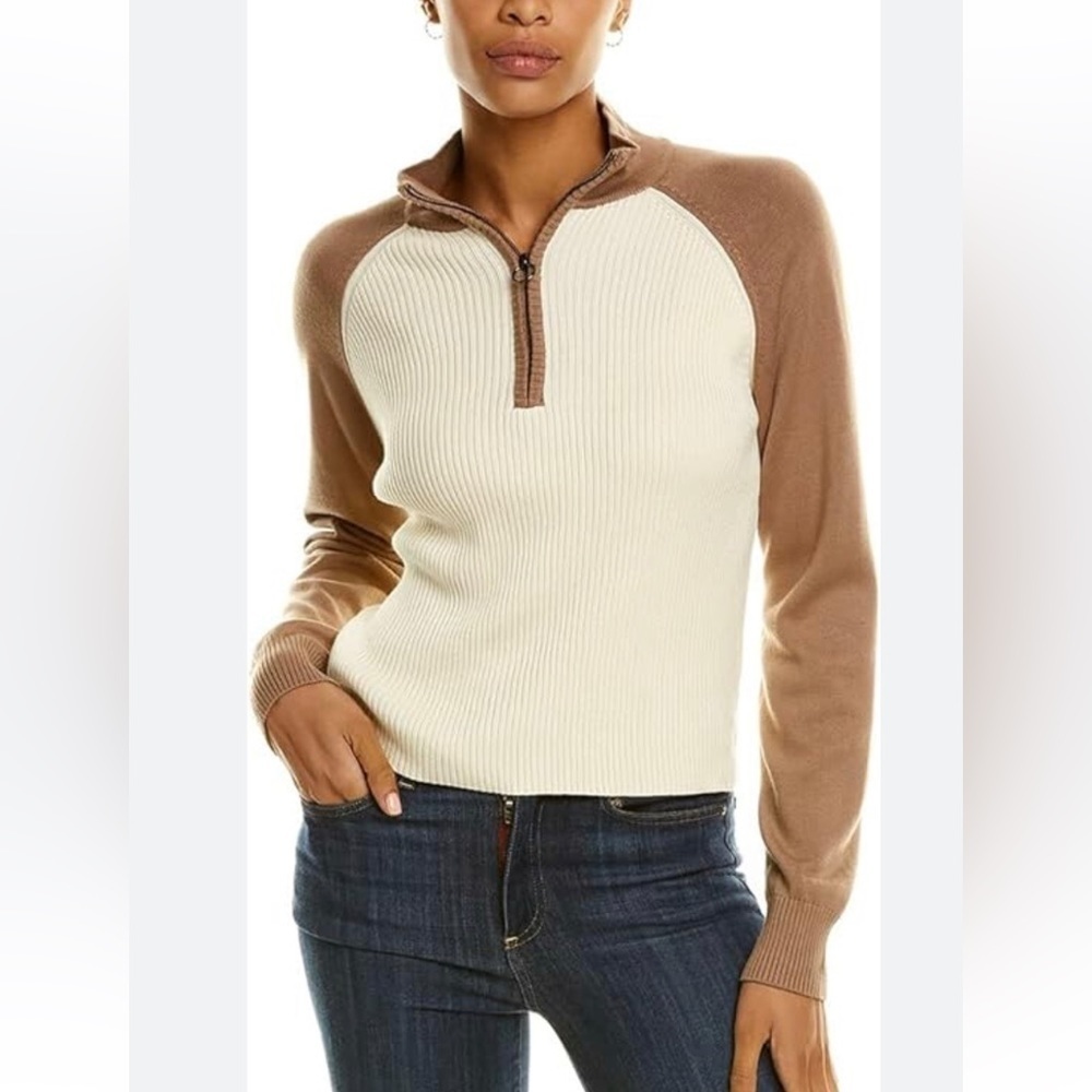 Monrow Two tone neutral 1/4 zip knit sweater size medium - Picture 2 of 12